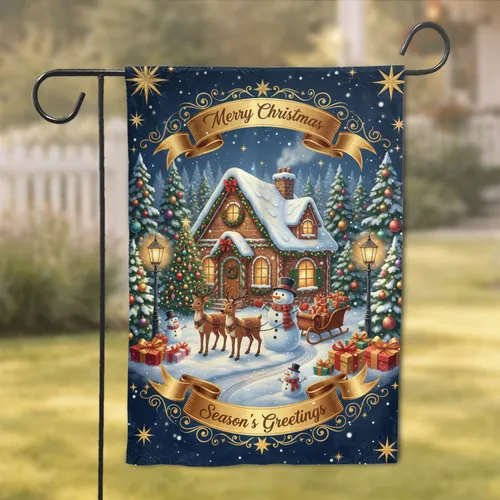 Gingerbread Cottage Snowman Reindeer Christmas Tree - Holiday Home Decor Garden Flag