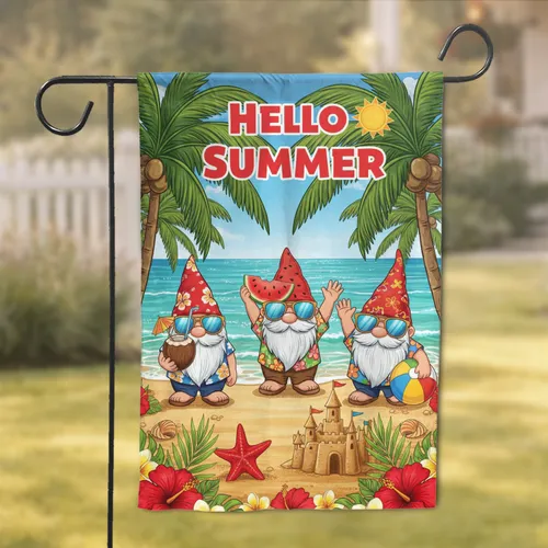 Garden Gnomes Tropical Beach Hello Summer - Summer Home Decor Gift for Garden Lover Garden Flag