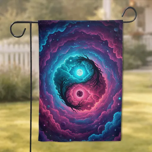 Yin Yang Moon Tree Nebula Galaxy Stars Fantasy Home Decor Gift for Celestial Lover Garden Flag