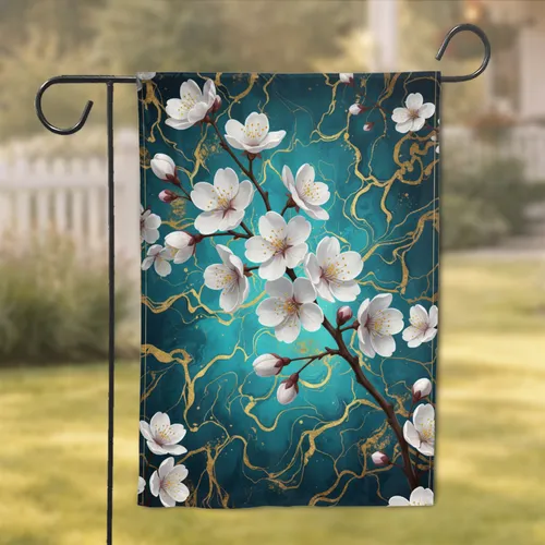 White Cherry Blossoms Gold Stamens Teal Turquoise Marble Fluid Art - Home Decor Gift Garden Flag