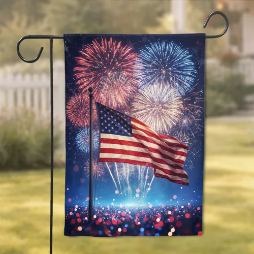 American Flag Fireworks Night Sky - Independence Day Gift for Veterans Garden Flag