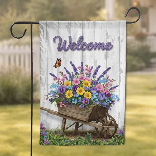 Welcome Wheelbarrow Garden Flowers - Farmhouse Home Decor Gift for Garden Lover Garden Flag