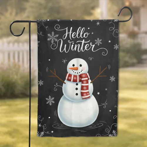 Friendly Snowman Hello Winter Chalkboard - Winter Season Home Decor Gift Garden Flag