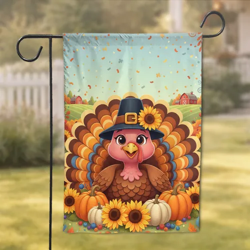 Turkey Pilgrim Hat Pumpkin Sunflower - Thanksgiving Holiday Gift Garden Flag