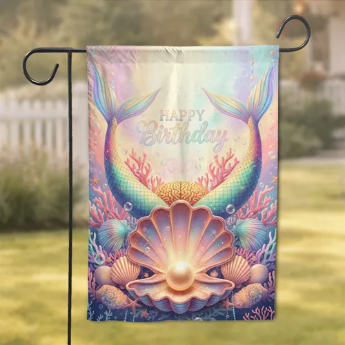 Iridescent Mermaid Tails Glowing Pearl Happy Birthday - Birthday Gift for Mermaid Lover Garden Flag