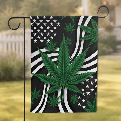 Emerald Green Cannabis Leaves White Stars Stripes - Patriotic Cannabis Enthusiast Home Decor Gift Garden Flag