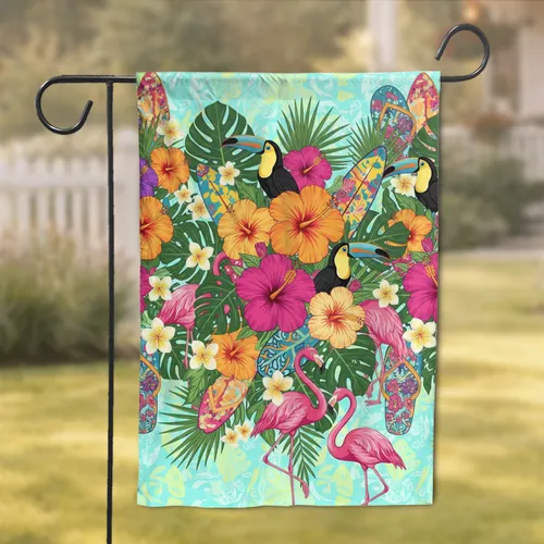 Tropical Hibiscus Toucan Flamingo Surfboards Flip Flops - Tropical Home Decor Gift Garden Flag