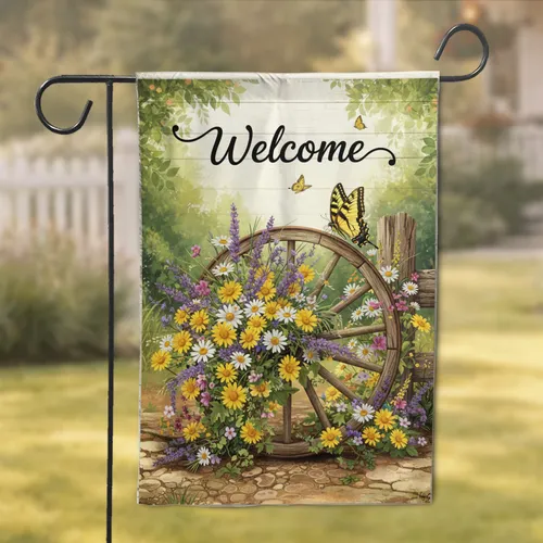 Welcome Wagon Wheel Wildflowers Butterflies - Farmhouse Home Decor Gift Garden Flag