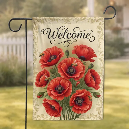 Blooming Red Poppy Flowers Honeybees Welcome Script - Housewarming Gift Garden Flag