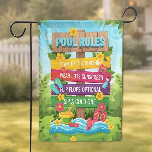 Weathered Pool Rules Sign Flip Flops Spray Bottle Garden Water - Summer Poolside Home Decor Garden Flag