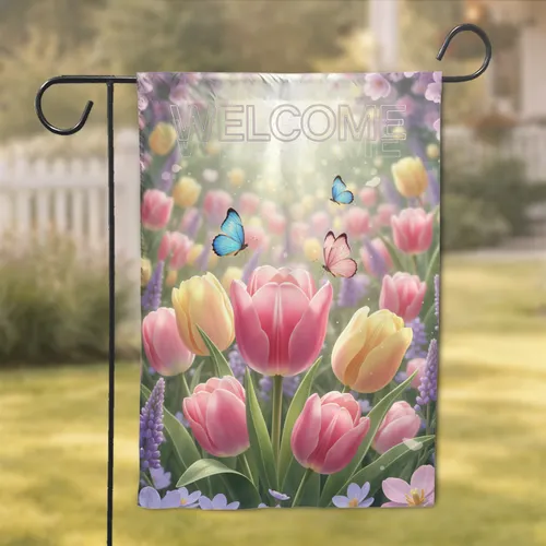 Pink Tulips Butterflies Welcome Garden - Spring Home Decor Gift for Garden Lover Garden Flag