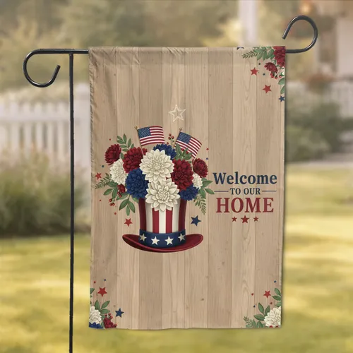 Patriotic Uncle Sam Hat Floral Welcome Home - Farmhouse Decor Gift Garden Flag