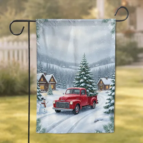 Snowy Winter Red Truck Christmas Tree Snowman - Holiday Home Decor Gift Garden Flag