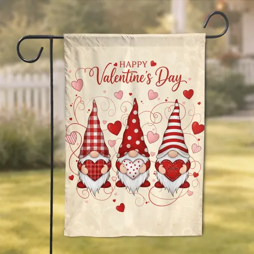Three Valentine Gnomes, Swirling Hearts, 'Happy Valentine's Day' - Valentine's Day Decor Garden Flag