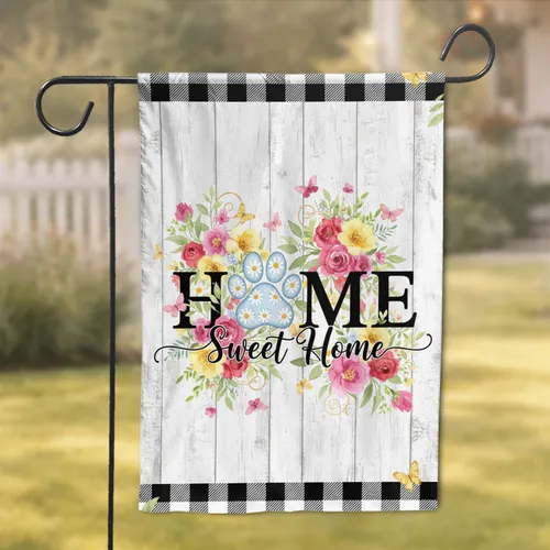 Sweet Home Paw Print Watercolor Floral Wood Plank Farmhouse Buffalo Plaid Home Decor Gift Garden Flag