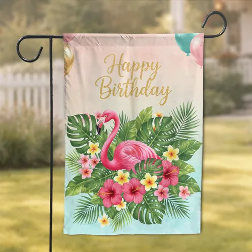 Pink Flamingo Tropical Leaves Happy Birthday Balloons - Birthday Celebration Gift Garden Flag