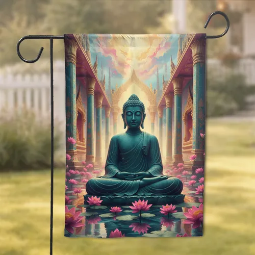 Meditating Buddha Teal Stone Lotus Flowers Temple - Spiritual Home Decor for Yoga Meditation Lover Garden Flag