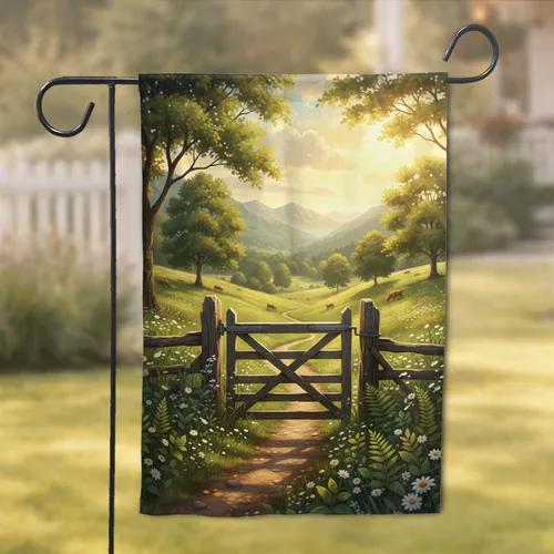 Inviting Rustic Wooden Gate Winding Path Golden Hour Valley Landscape - Nature Lover Home Decor Gift Garden Flag