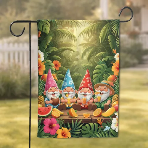 Garden Gnomes Tropical Drinks Hibiscus Flowers - Summer Home Decor Gift for Gnome Lover Garden Flag