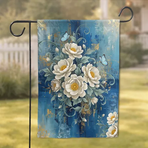 Creamy White Golden Flowers Blue Butterflies Gold Leaf Home Decor Gift for Garden Lover Garden Flag