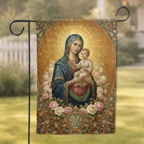 Virgin Mary Baby Jesus Golden Halo Rose Floral Monogram - Christian Home Decor Gift Garden Flag