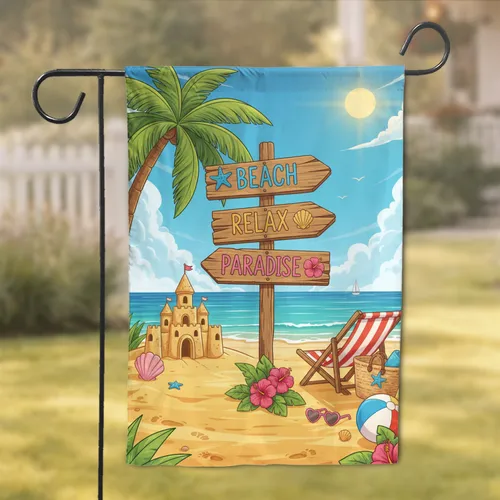 Beach Signpost Tropical Paradise Palm Tree - Home Decor Gift for Beach Lover Garden Flag