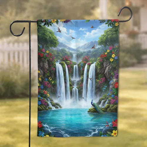 Waterfalls Peacock Tropical Paradise - Home Decor Gift for Wildlife Lovers Garden Flag