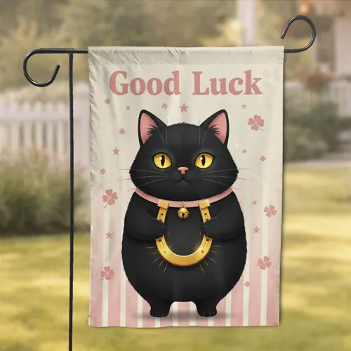 Black Cat Golden Horseshoe Good Luck - Good Fortune Home Decor Gift for Cat Lovers Garden Flag