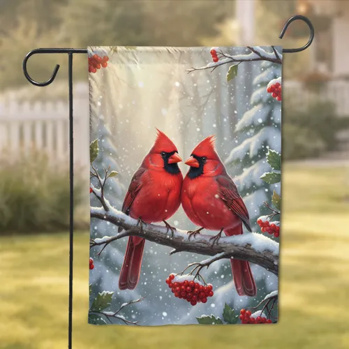 Majestic Crimson Northern Cardinal Pair Winter Snow Forest - Wildlife Lover Gift Garden Flag