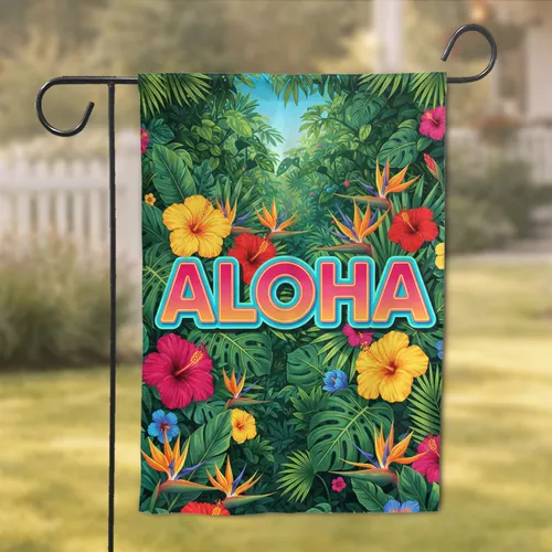 ALOHA Tropical Hibiscus Bird of Paradise Jungle Leaves - Home Decor Gift Garden Flag