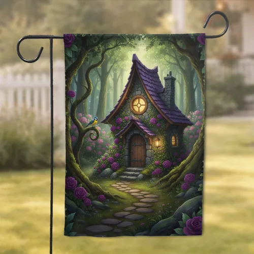 Moss Covered Fairy House Rustic Lantern Stone Path - Home Decor Gift for Garden Lover Garden Flag