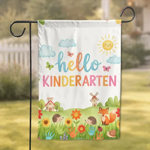 Hello Kindergarten Schoolhouse Fox Flowers - Back to School Gift for Kids Garden Flag
