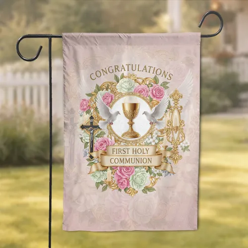 First Holy Communion Chalice Doves Crucifix - Communion Celebration Gift Garden Flag