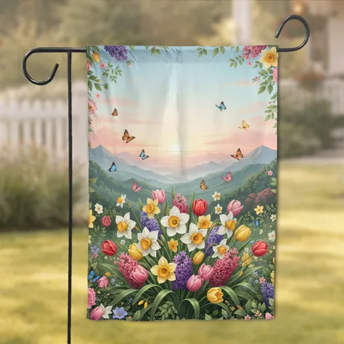 Spring Floral Butterflies Mountain Landscape - Garden Lover Gift Garden Flag