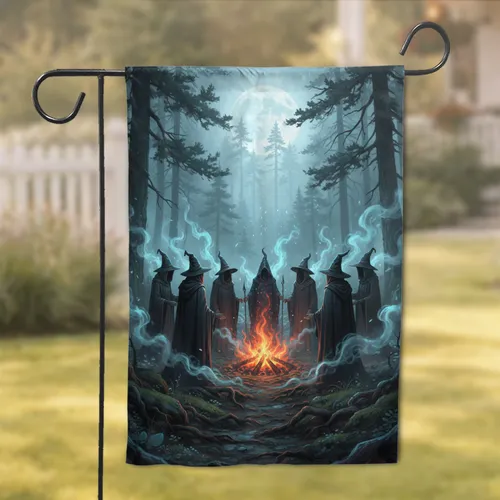 Witches Coven Campfire Ritual Forest Moon - Halloween Decor Gift Garden Flag