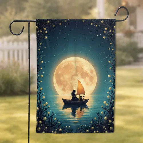 Woman Cat Sailboat Moonlit Night Sky Ocean - Home Decor Gift for Cat Lovers Garden Flag