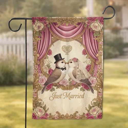 Bride Groom Birds Just Married Text - Wedding Anniversary Gift for Couples Garden Flag