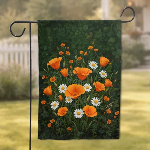 Orange Poppies White Daisies Wildflower Field - Home Decor Gift for Garden Lover Garden Flag