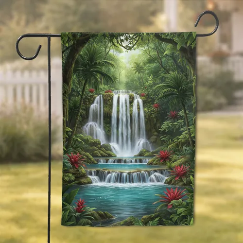 Majestic Tiered Waterfall Tropical Jungle Scene with Lush Foliage - Home Decor Gift Garden Flag