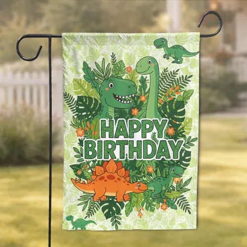 Happy Birthday Dinosaurs Prehistoric Jungle - Birthday Party Decor Gift for Kids Garden Flag