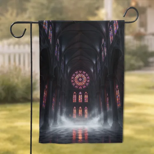 Ornate Gothic Cathedral Stained Glass Rose Window Interior - Reverent Home Decor Gift Garden Flag