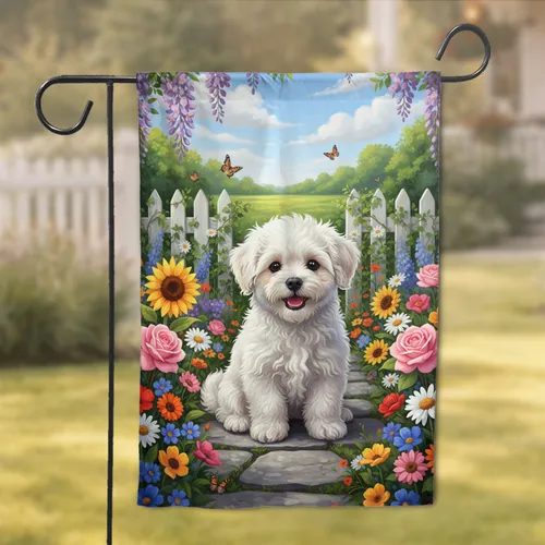 White Bichon Puppy Garden Flowers Butterflies - Pet Lover Home Decor Gift Garden Flag