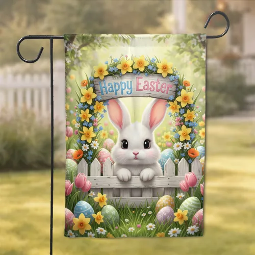 Easter Bunny Picket Fence Happy Easter Sign Spring Flowers - Easter Holiday Gift Garden Flag