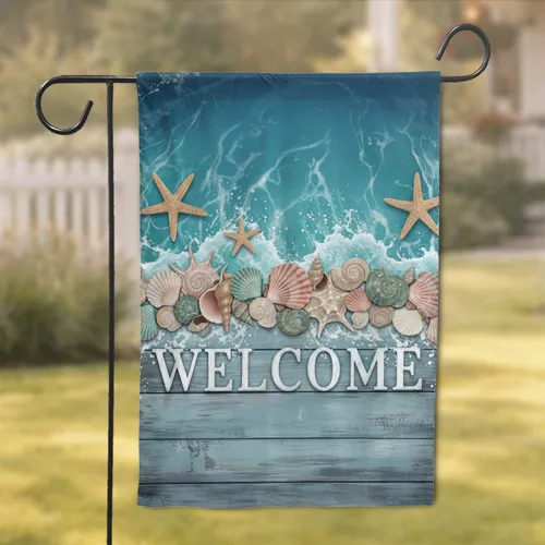 WELCOME Message Seashell Starfish Ocean Distressed Wood - Beach House Decor Gift Garden Flag
