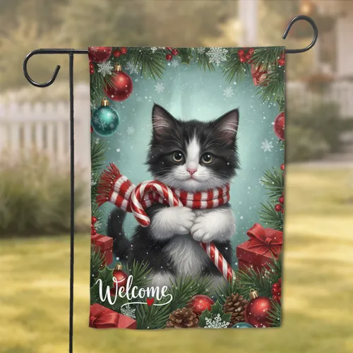 Black White Kitten Candy Cane Christmas Welcome - Winter Holiday Cat Lover Gift Garden Flag