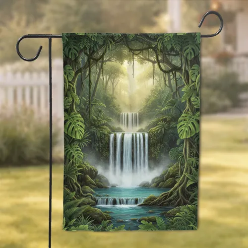 Majestic Multi-Tiered Waterfall Pristine Pool Tropical Jungle - Home Decor Gift for Nature Lover Garden Flag