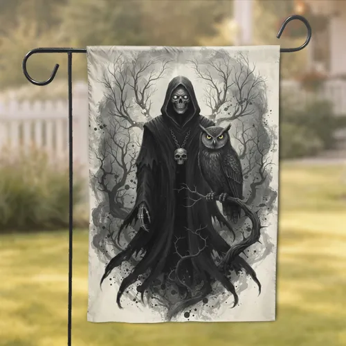 Skeletal Figure Owl Skull Gnarled Tree Fog - Ethereal Home Decor Gift Garden Flag