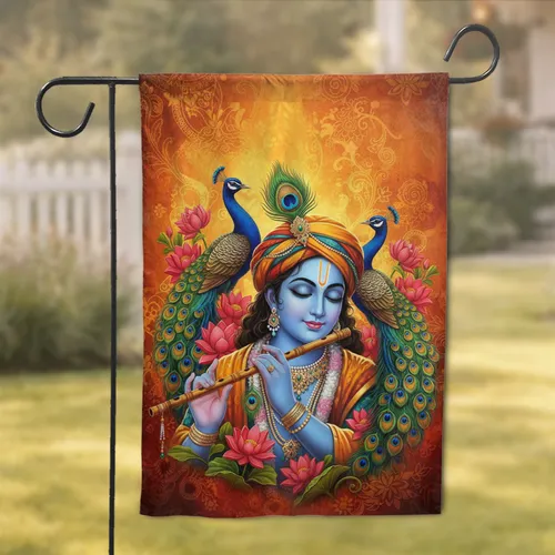 Lord Krishna Peacocks Floral Jewel Flute - Spiritual Home Decor Gift Garden Flag