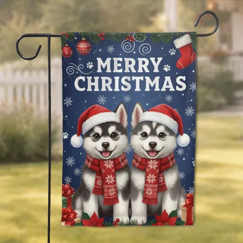 Husky Puppies Santa Hats Christmas Ornaments Winter Holiday Home Decor Dog Lover Gift Garden Flag