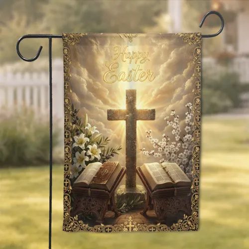 Happy Easter Stone Cross Bibles Lilies Olive Branch Sunburst - Easter Holiday Home Decor Gift Garden Flag